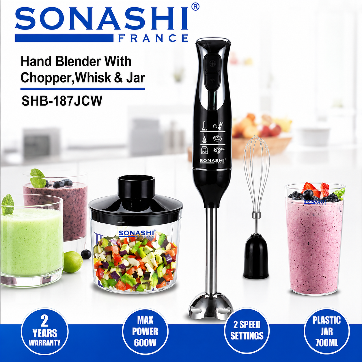 Bras mixeur plongeant 3 en 1 à 600 W Sonashi SHB-187JCW Noir