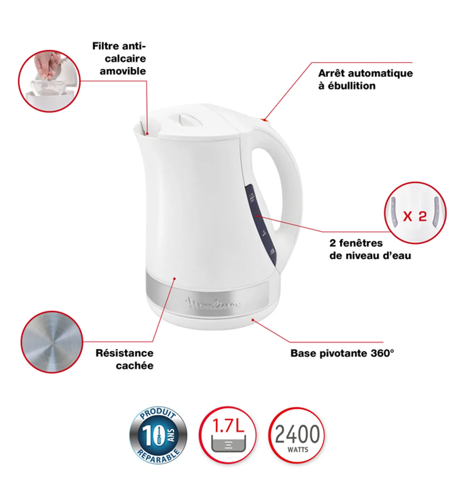Bouilloire Électrique Sans Fil 1,7L 2400W Principio Plus Moulinex BY108110 – Image 3