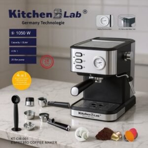 Cafetière inox a Bras 4 en 1 – 20 Bars 1050W 1.5L Café Poudre et MultiCaps KitchenLab KT-CM-001
