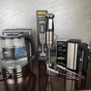 Pack 3 pieces inox super crest (bras mixeur 2000W +batteur 750W +bouilloire en verre 2000W)