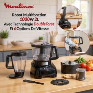 Robot Multifonction 1000W 2L Avec Technologie DoubleForce Et 6 Options De Vitesse 8accessoires 28Fonctions Moulinex FP821811