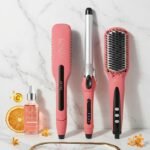 ENZO Pack 3 en 1 styling set: lisseur, boucleur et brosse electrique chauffante REF 3955 ROSE