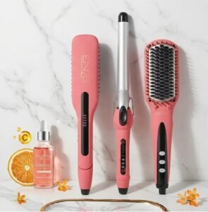 ENZO Pack 3 en 1 styling set: lisseur, boucleur et brosse electrique chauffante REF 3955 ROSE