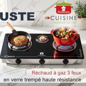 Réchaud a gaz 3 Feux en verre trempé Noir Robuste (gaz de ville et butane)