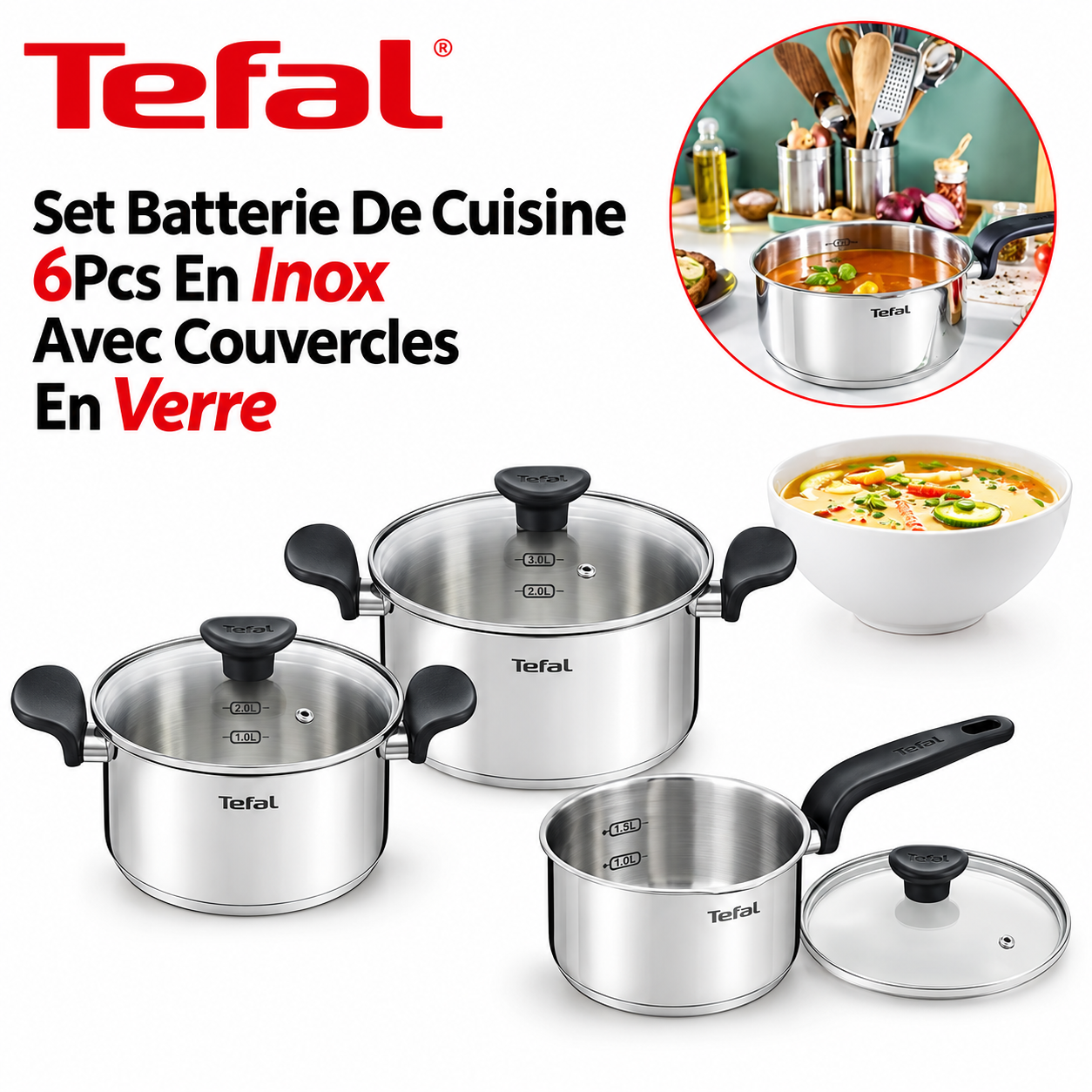 Batterie De Cuisine 6Pcs En Inox 16/18/20 cm Couvercles En Verre Compatible Induction Tefal E308S674