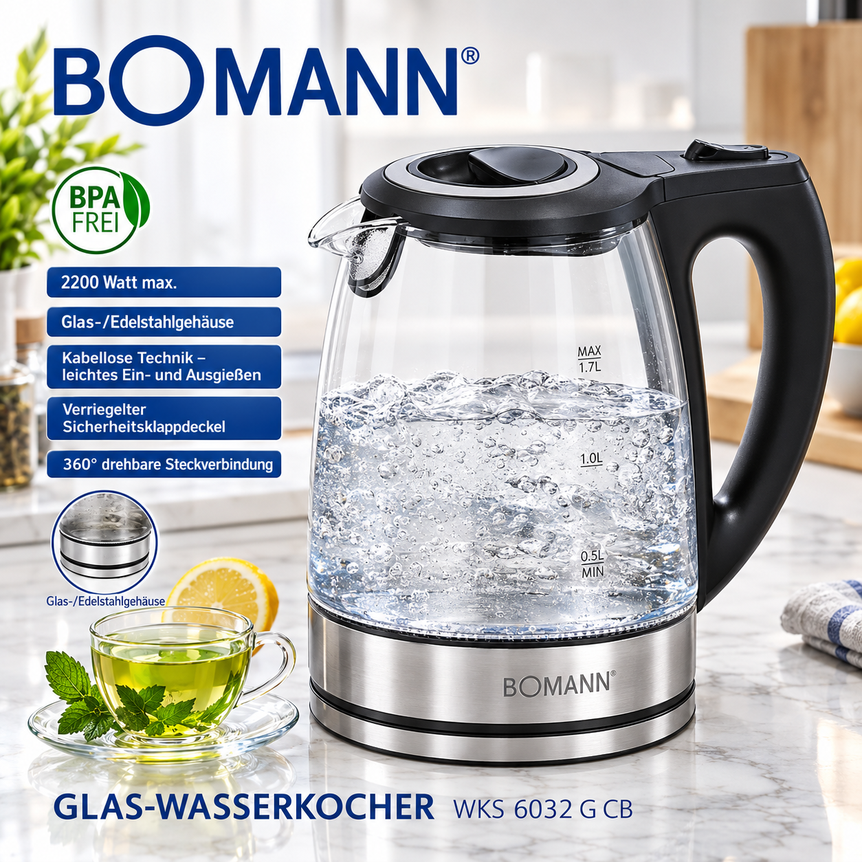 Bouilloire en verre 1.7L 2200W Bomann WKS 6032